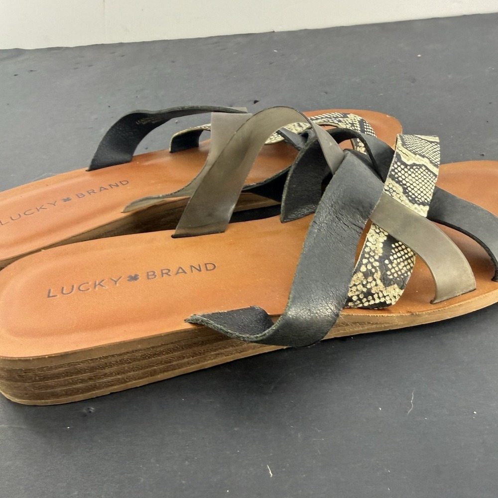 Lucky Brand Sandal 8.5 Hallisa Flat Strappy Boho Beachy Vacation Travel Leather - Picture 5 of 10